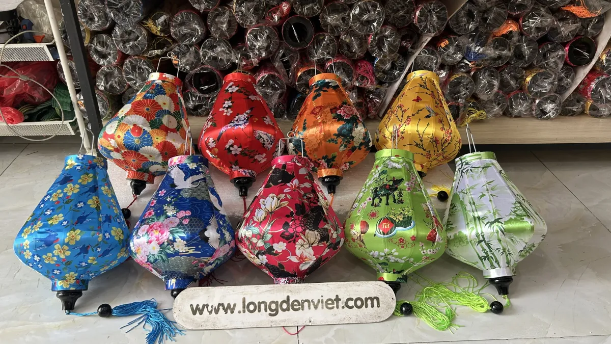 Patterned and hand-painted Hoi An silk lanterns with flowers and birds