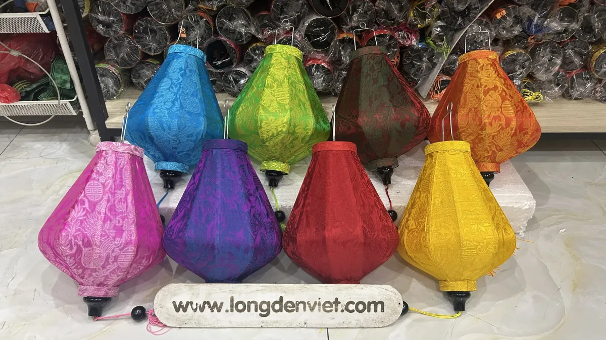 Teardrop and diamond shaped Hoi An silk lanterns in many colours