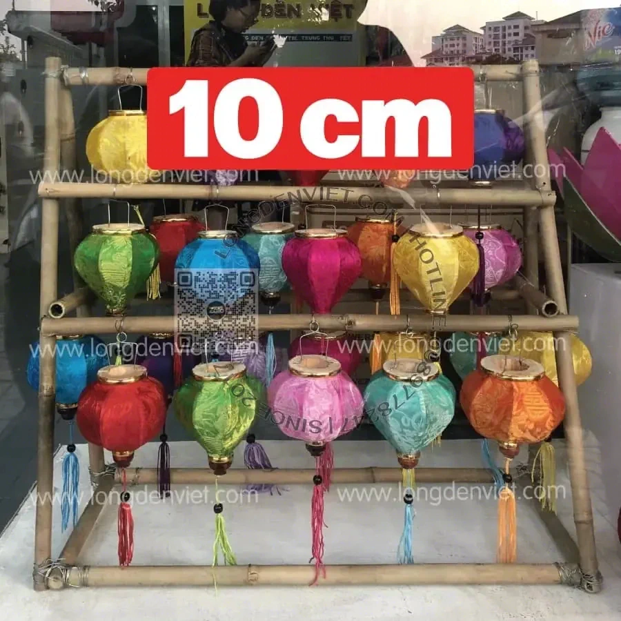 Bộ 10 cái đèn tre vải lụa kiểu tròn tỏi 10cm đủ màu — đèn mây tre Việt Nam | LongDenViet